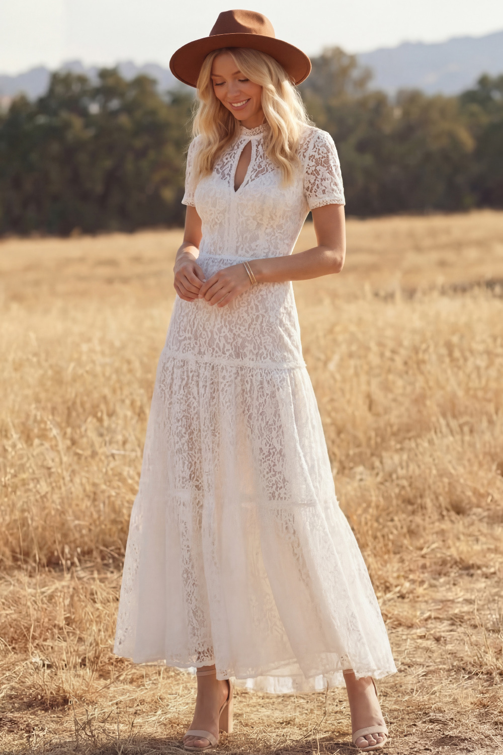 White Boho Dress A-Line Keyhole Short Sleeve Lace Maxi Dress