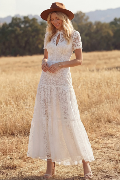White Boho Dress A-Line Keyhole Short Sleeve Lace Maxi Dress