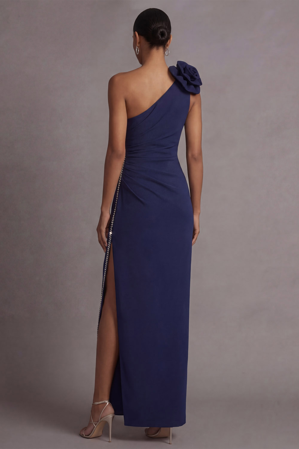 Navy Formal Evening Dress One Shoulder Slit Maxi Dress witih 3D Flower