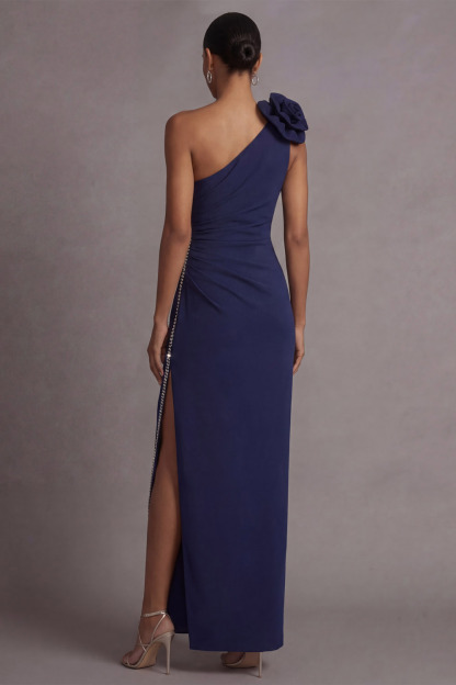 Navy Formal Evening Dress One Shoulder Slit Maxi Dress witih 3D Flower