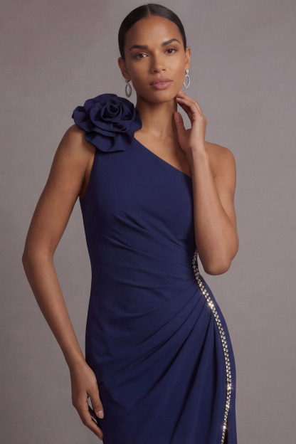 Navy Formal Evening Dress One Shoulder Slit Maxi Dress witih 3D Flower