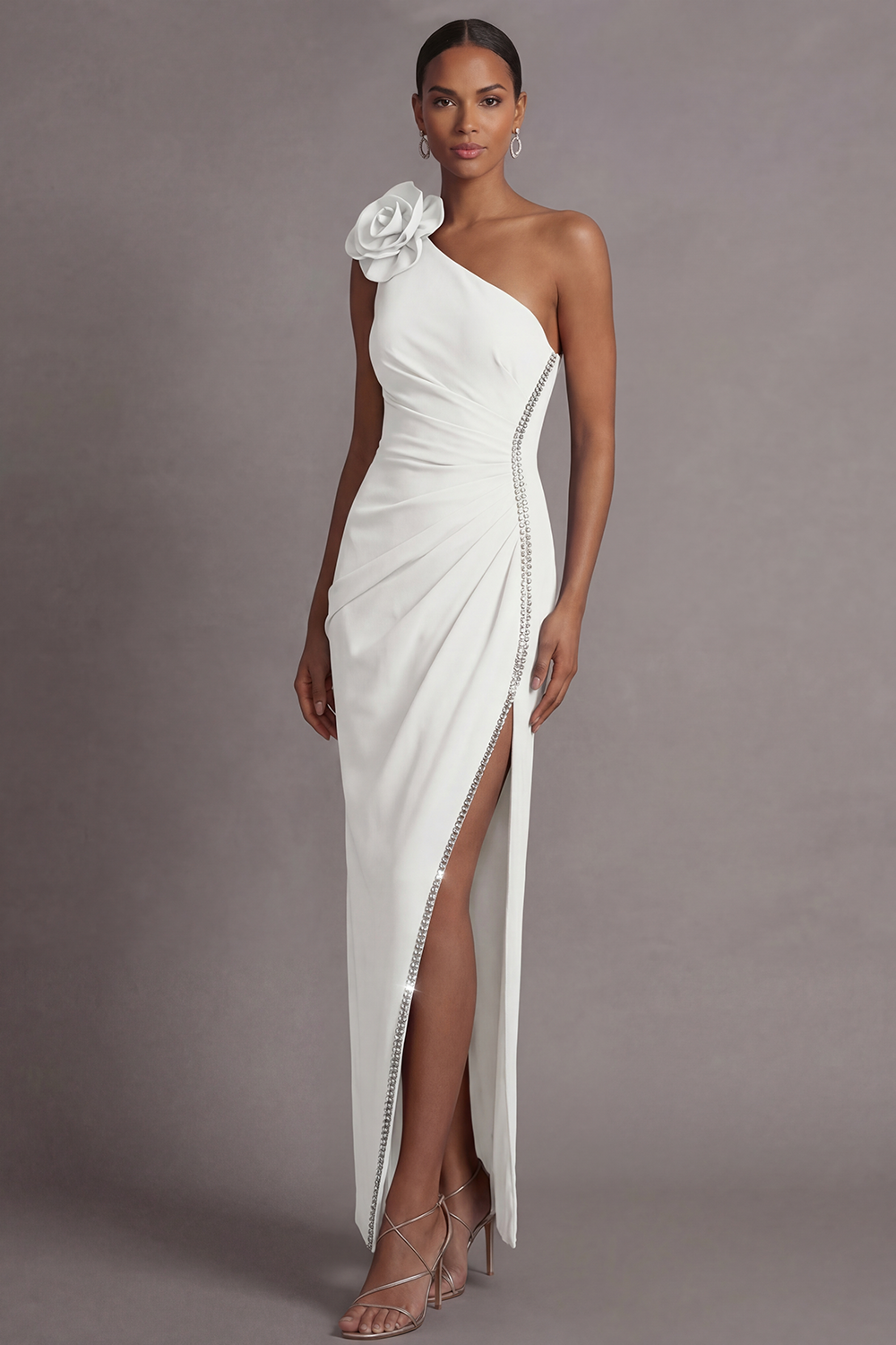 Navy Formal Evening Dress One Shoulder Slit Maxi Dress with 3D Flower