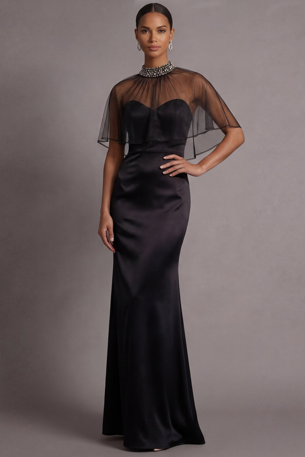 Black Formal Evening Dress Mermaid Sweetheart Maxi Dress with Cape