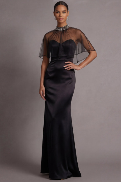 Black Formal Evening Dress Mermaid Sweetheart Maxi Dress with Cape