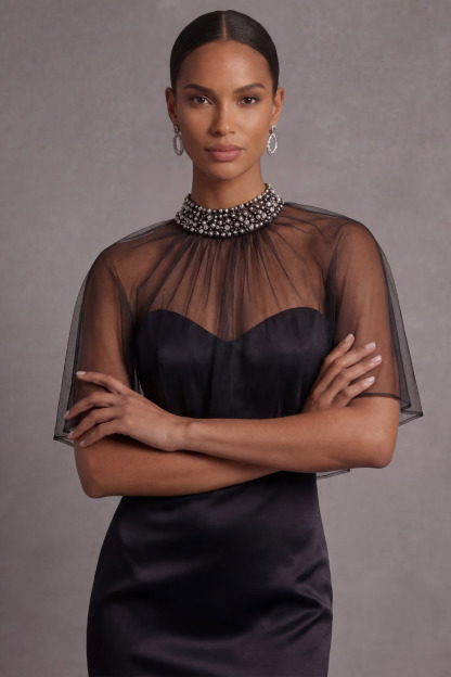 Black Formal Evening Dress Mermaid Sweetheart Maxi Dress with Cape