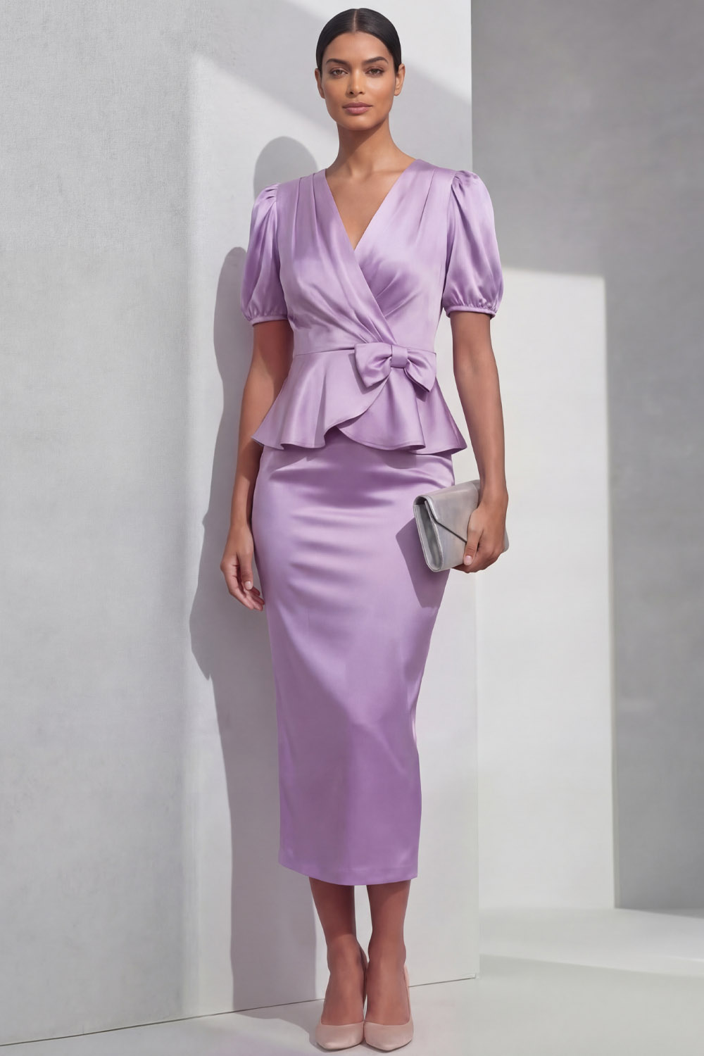 Lilac Suit Sets V-Neck Short Sleeve Satin Midi Skirts Set