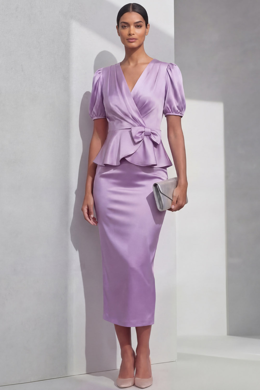 Lilac Suit Sets V-Neck Short Sleeve Satin Midi Skirts Set