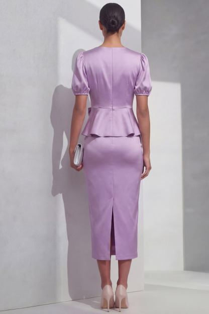 Lilac Suit Sets V-Neck Short Sleeve Satin Midi Skirts Set