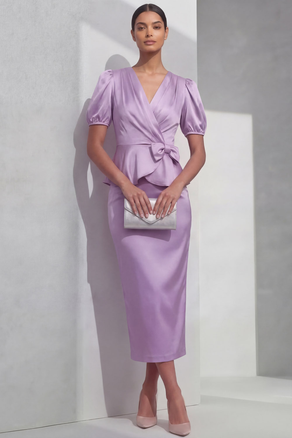 Lilac Suit Sets V-Neck Short Sleeve Satin Midi Skirts Set