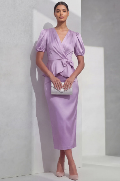 Lilac Suit Sets V-Neck Short Sleeve Satin Midi Skirts Set