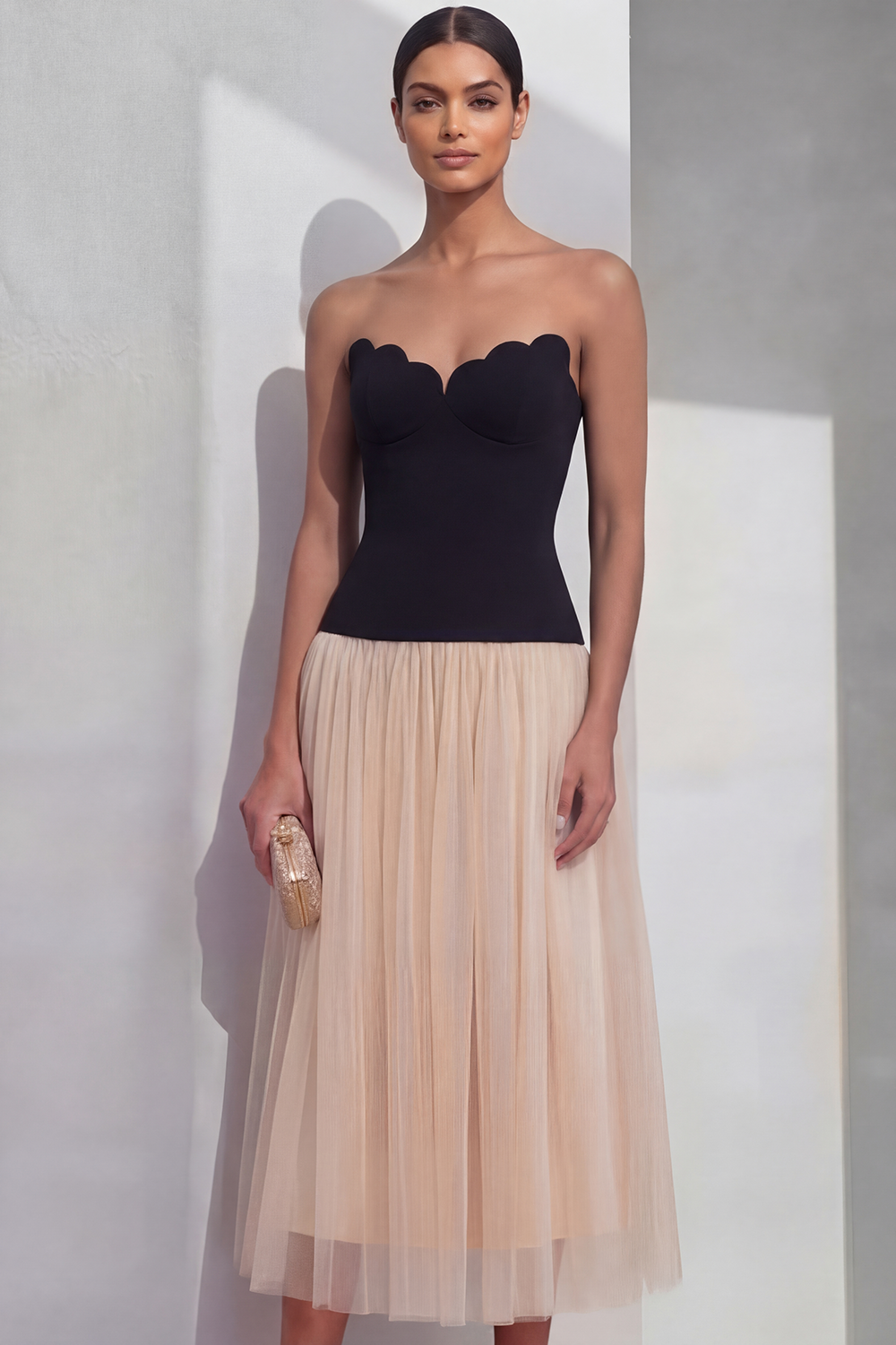 White Evening Formal Dress A-Line Strapless Pleated Midi Dress