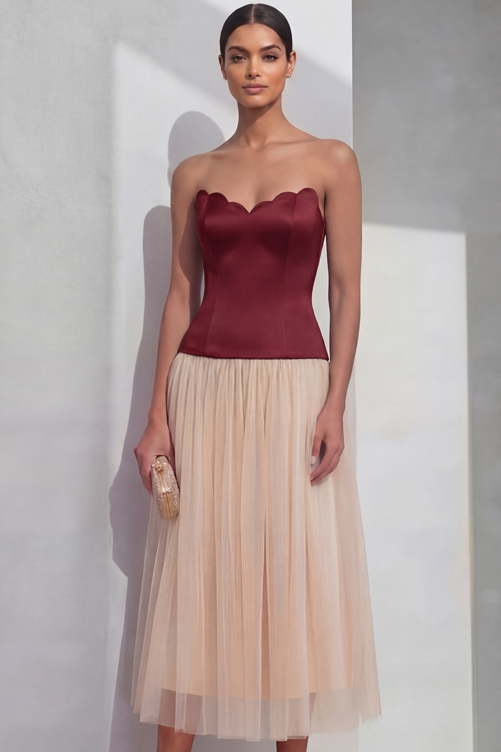 White Evening Formal Dress A-Line Strapless Pleated Midi Dress
