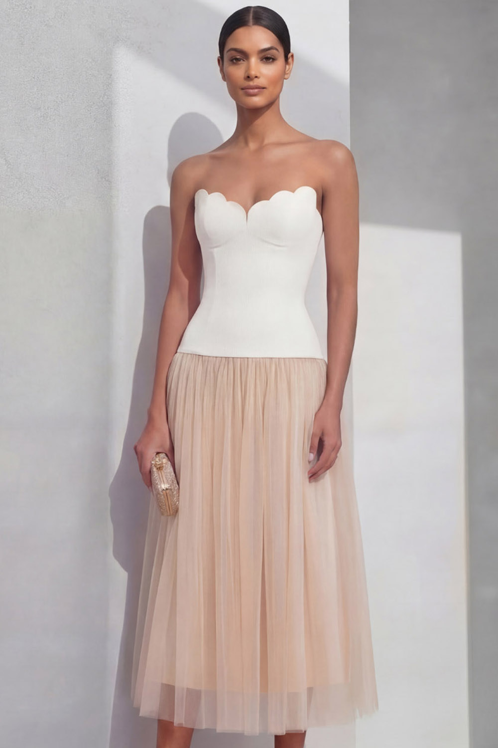 White Evening Formal Dress A-Line Strapless Pleated Midi Dress
