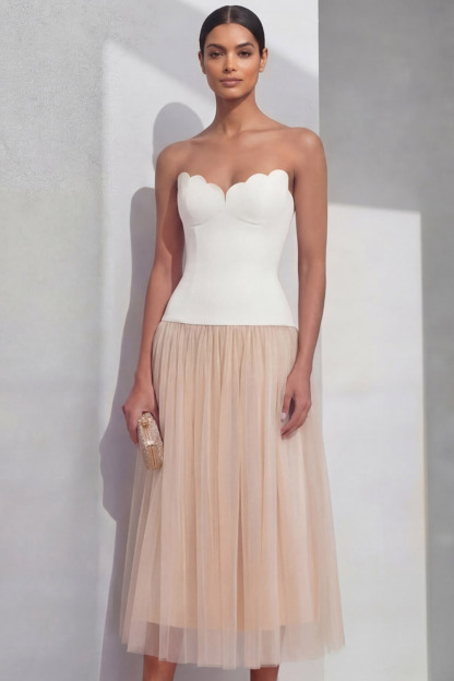 White Evening Formal Dress A-Line Strapless Pleated Midi Dress
