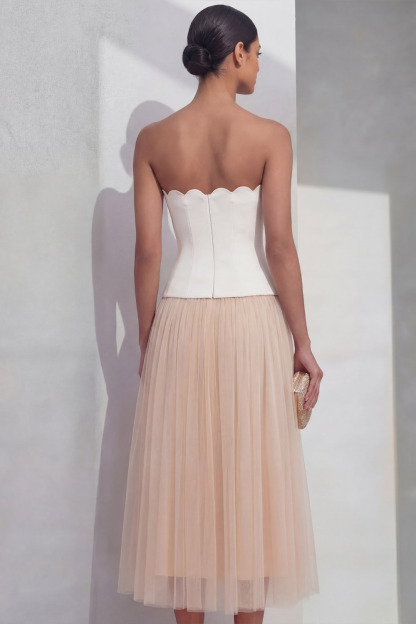 White Evening Formal Dress A-Line Strapless Pleated Midi Dress