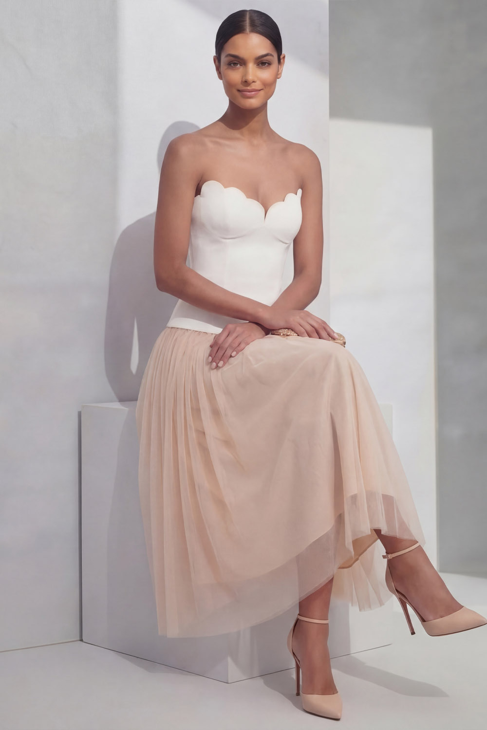 White Evening Formal Dress A-Line Strapless Pleated Midi Dress