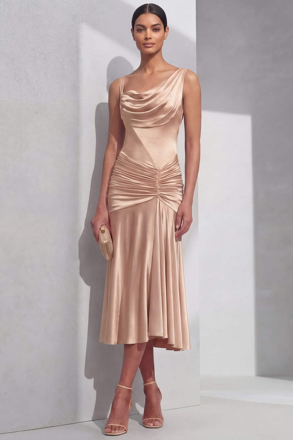 Champagne Formal Evening Dress Mermaid Cowl Neck Satin Midi Dress