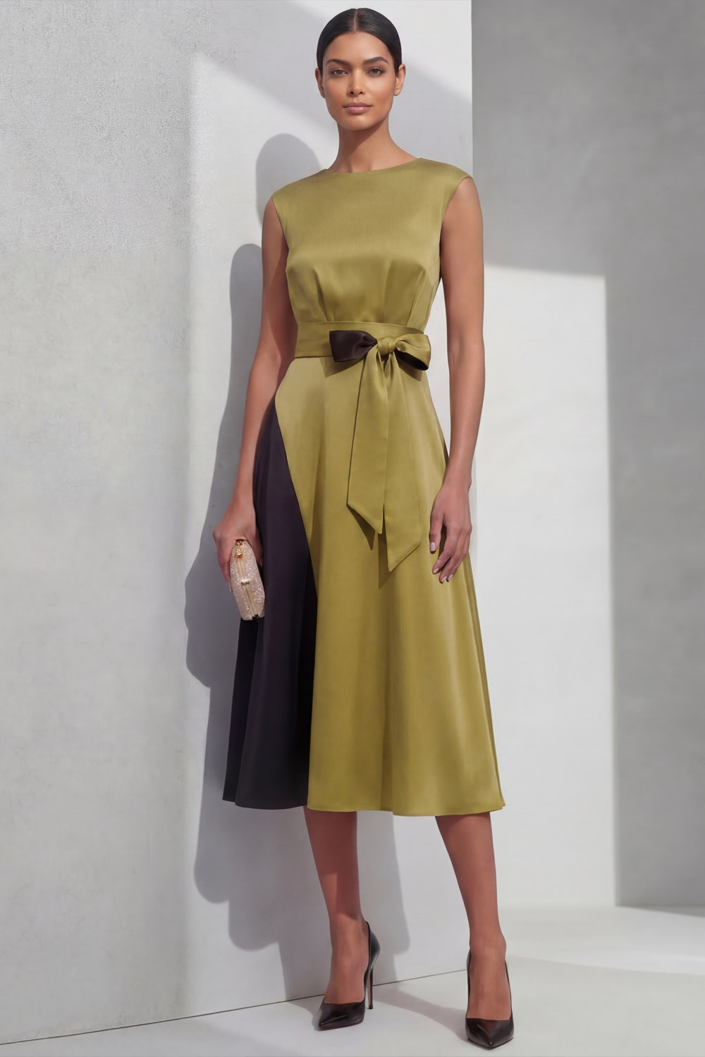 Olive Formal Evening Dress A-Line Round Neck Belted Midi Dress