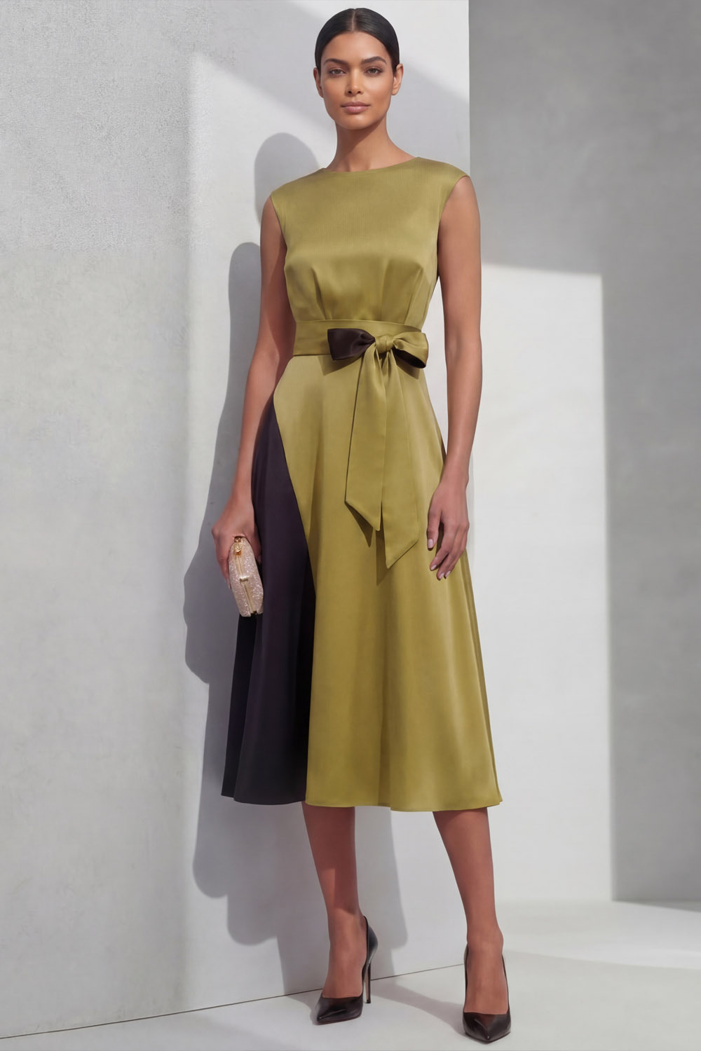 Olive Formal Evening Dress A-Line Round Neck Belted Midi Dress