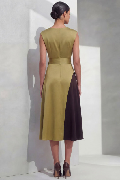 Olive Formal Evening Dress A-Line Round Neck Belted Midi Dress