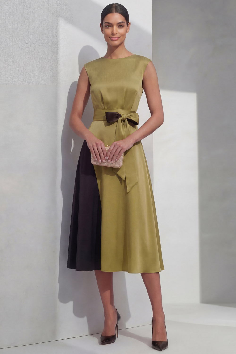 Olive Formal Evening Dress A-Line Round Neck Belted Midi Dress