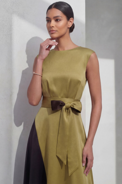 Olive Formal Evening Dress A-Line Round Neck Belted Midi Dress