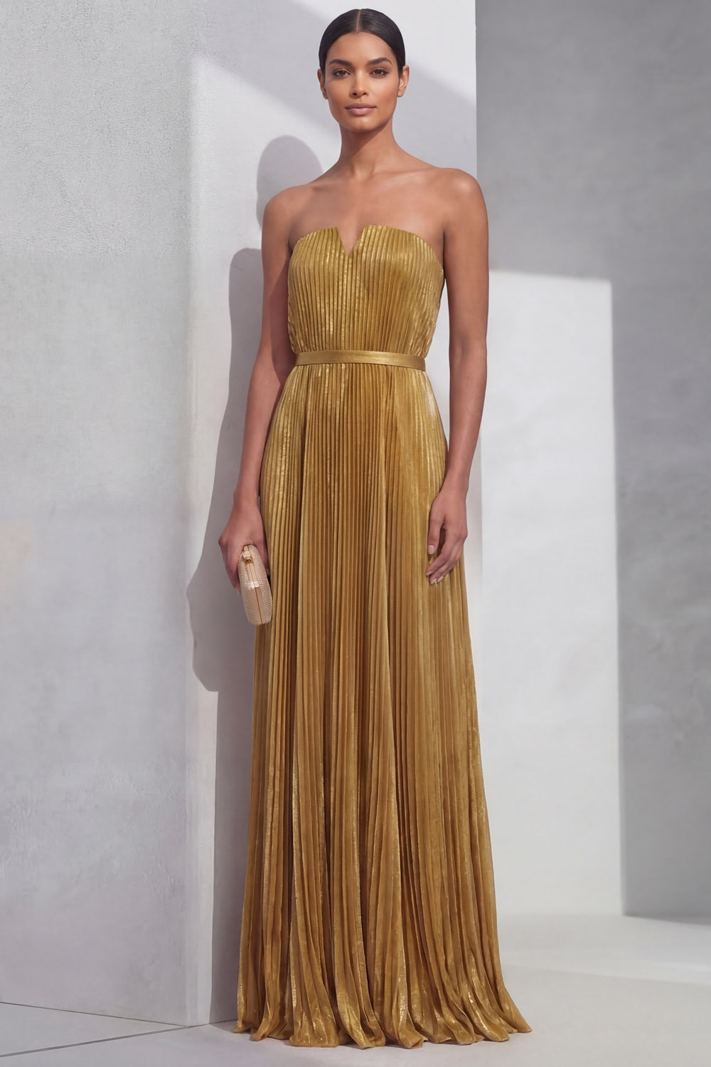 Golden Formal Evening Dress A-Line Strapless Pleated Maxi Dress