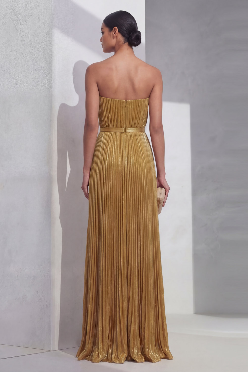Golden Formal Evening Dress A-Line Strapless Pleated Maxi Dress