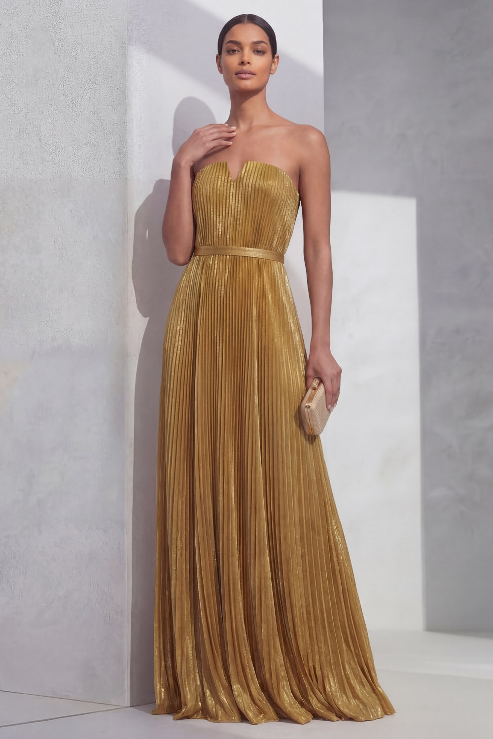 Golden Formal Evening Dress A-Line Strapless Pleated Maxi Dress
