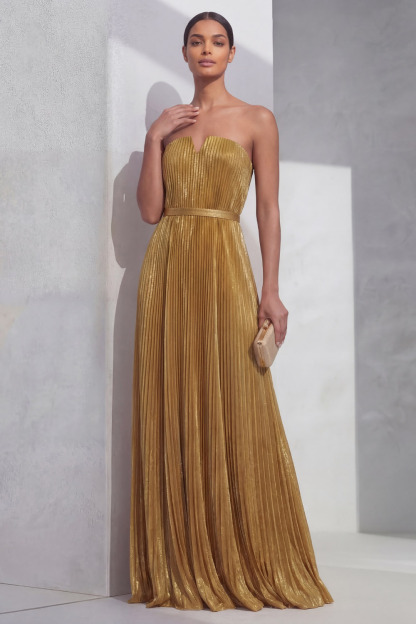 Golden Formal Evening Dress A-Line Strapless Pleated Maxi Dress