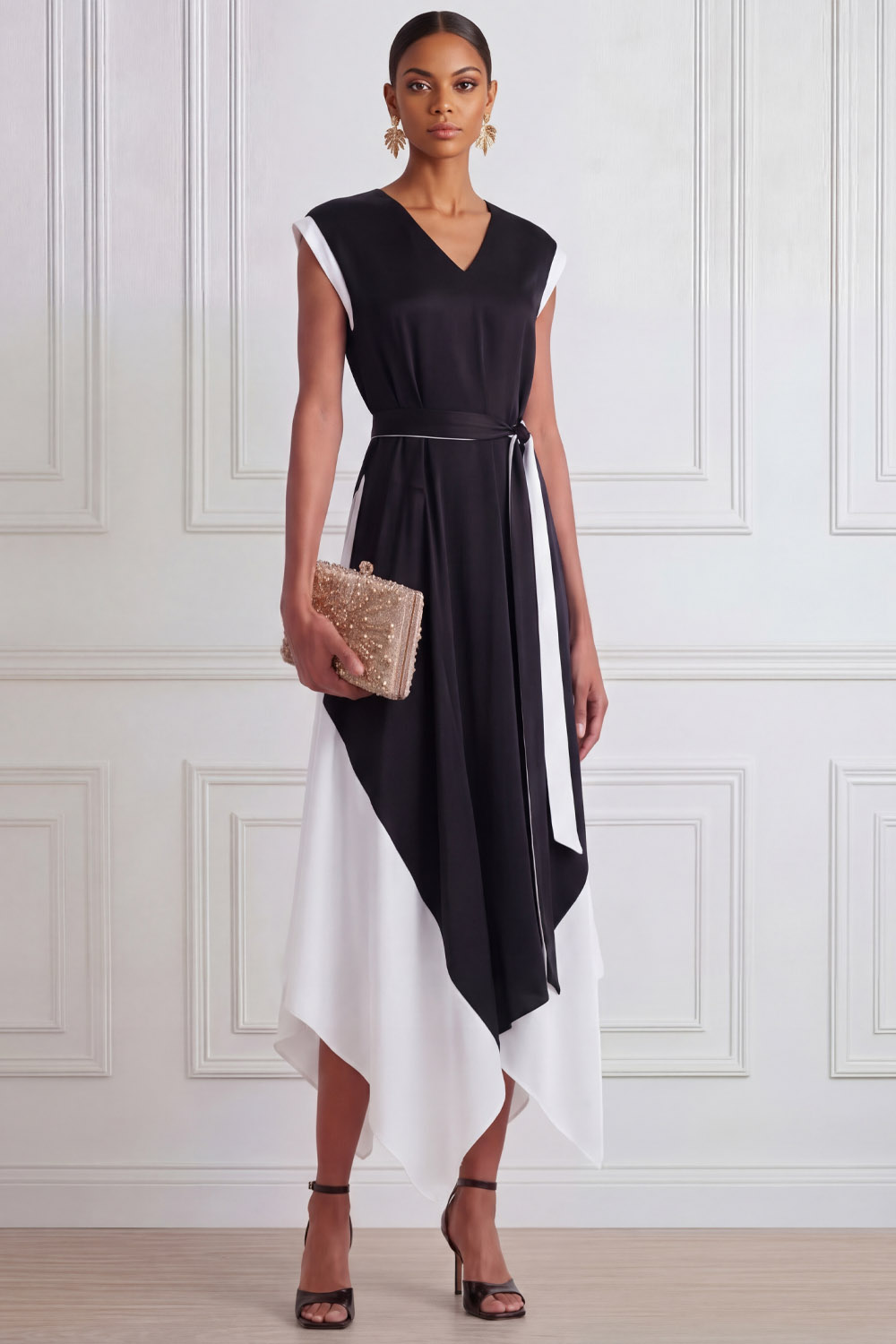 Black Formal Evening Dress A-Line V-Neck Belted Asymmetrical Dress