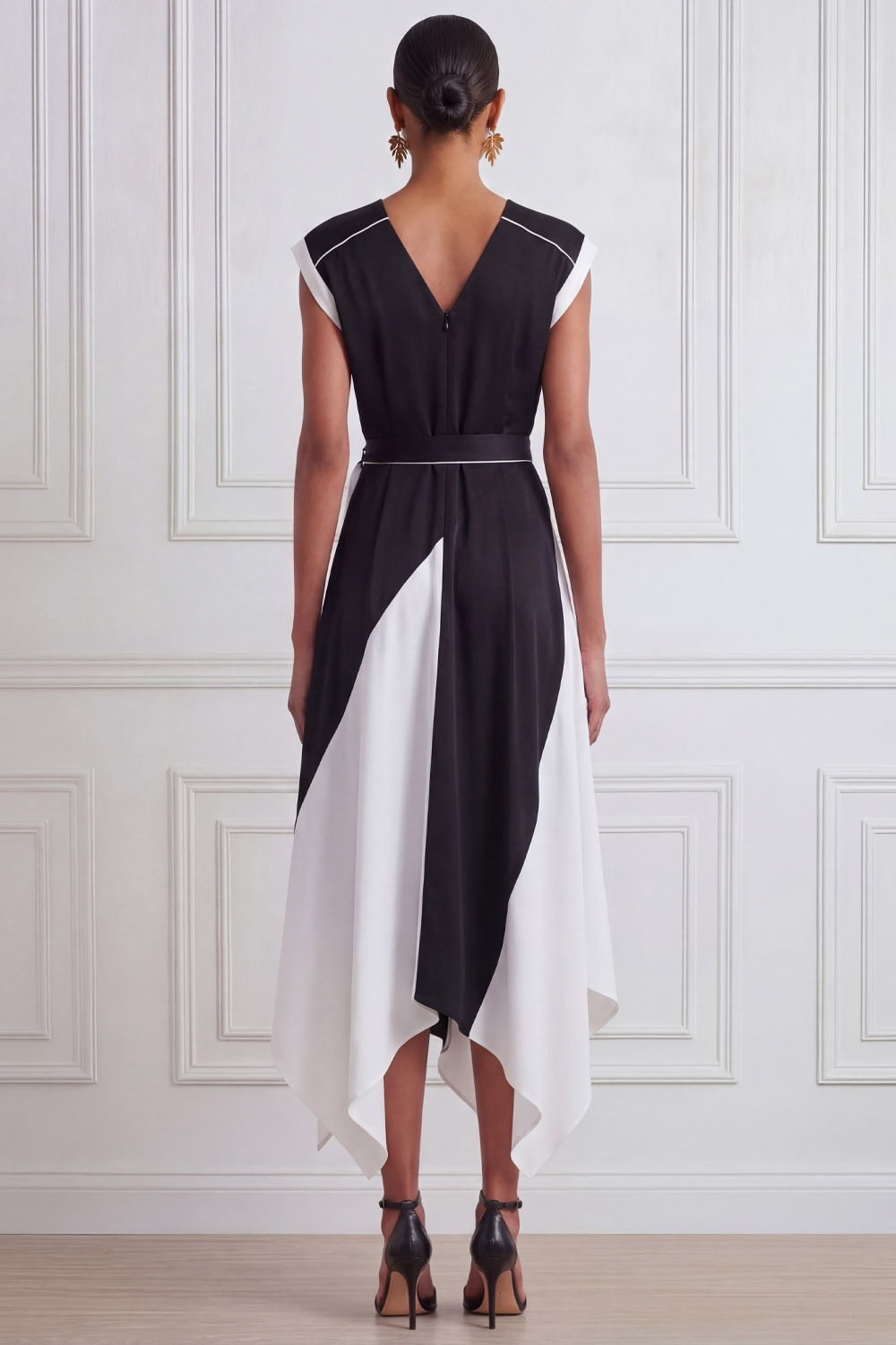 Black Formal Evening Dress A-Line V-Neck Belted Asymmetrical Dress