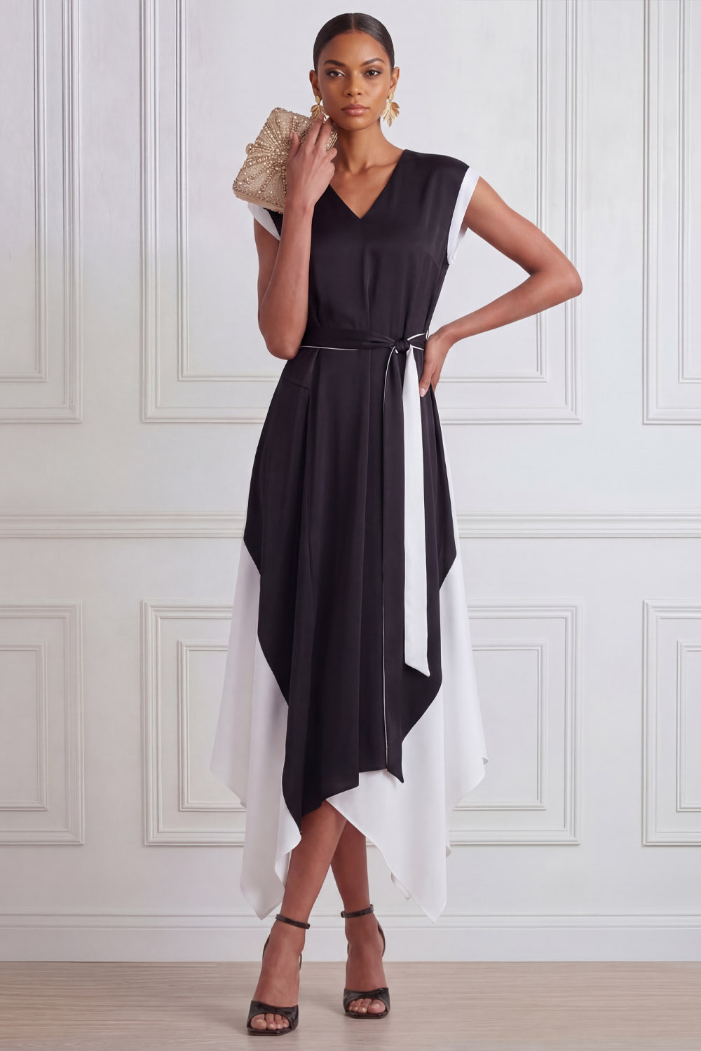 Black Formal Evening Dress A-Line V-Neck Belted Asymmetrical Dress
