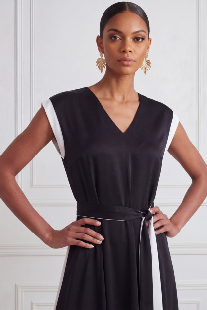 Black Formal Evening Dress A-Line V-Neck Belted Asymmetrical Dress