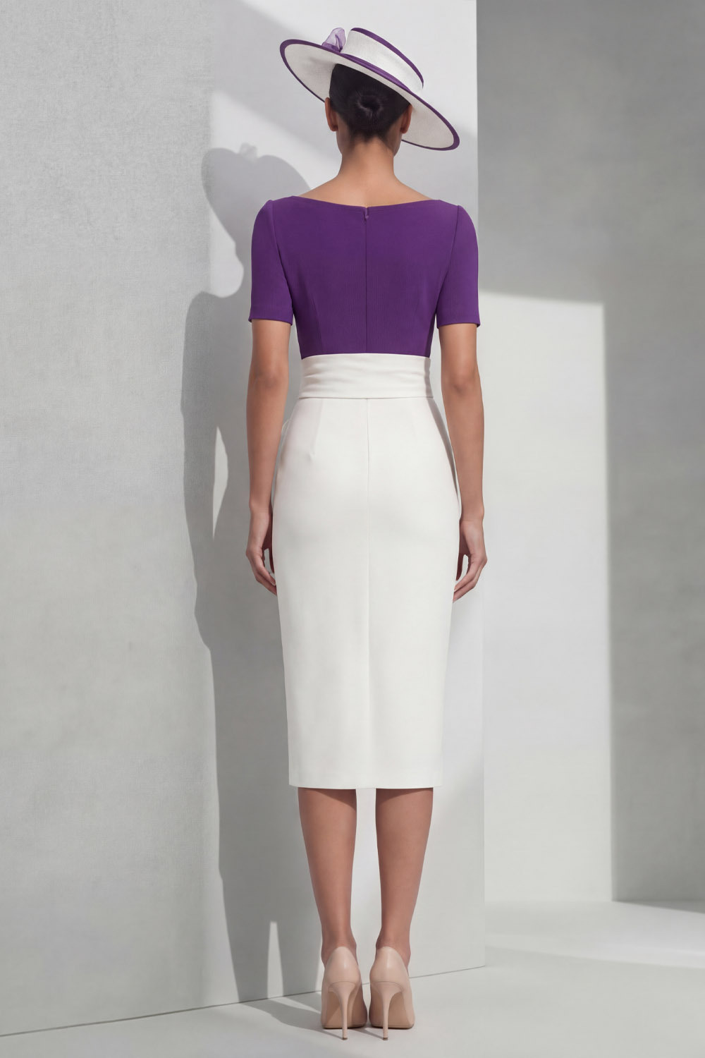 Purple Formal Evening Dress Crew Neck Midi Dress with Bow