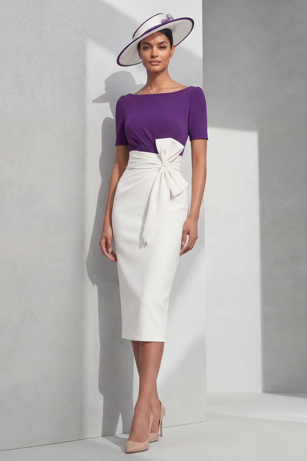 Purple Formal Evening Dress Crew Neck Midi Dress with Bow