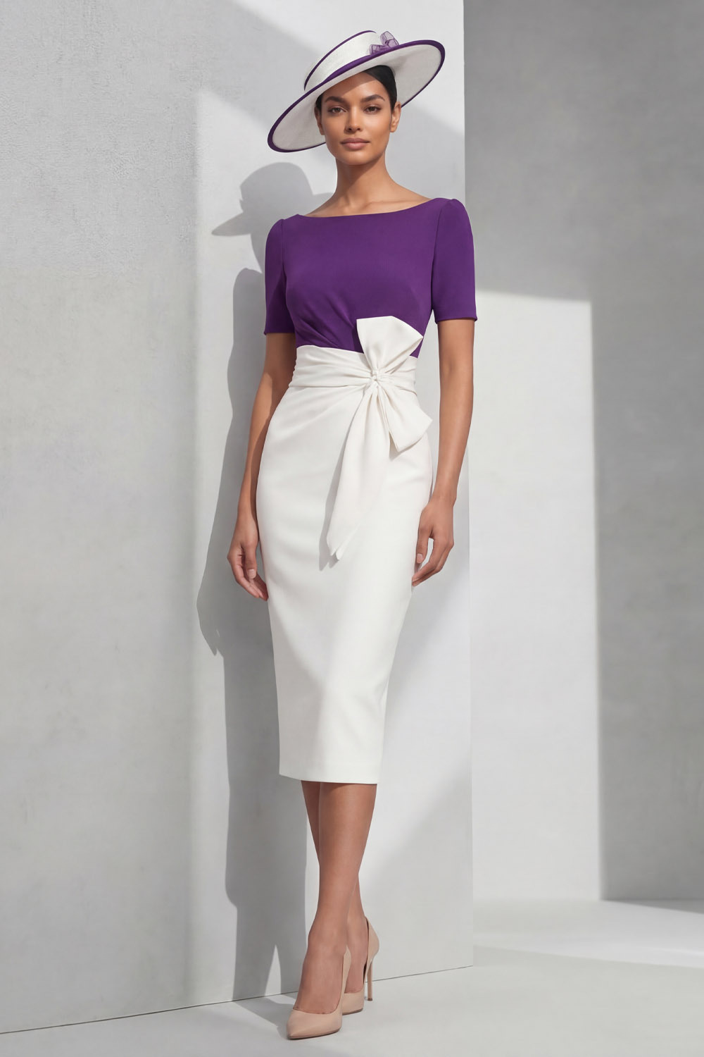 Purple Formal Evening Dress Crew Neck Midi Dress with Bow