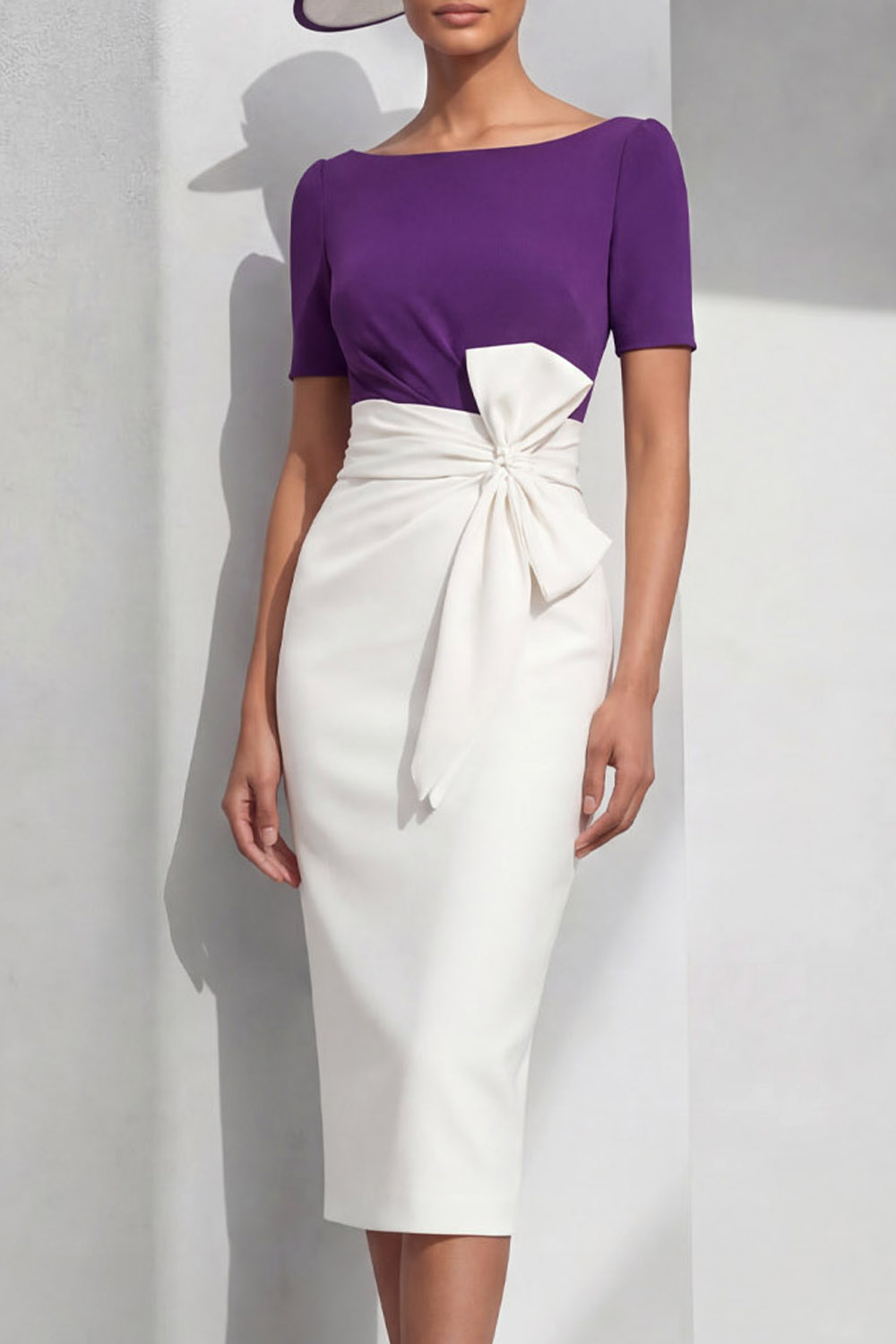 Purple Formal Evening Dress Crew Neck Midi Dress with Bow