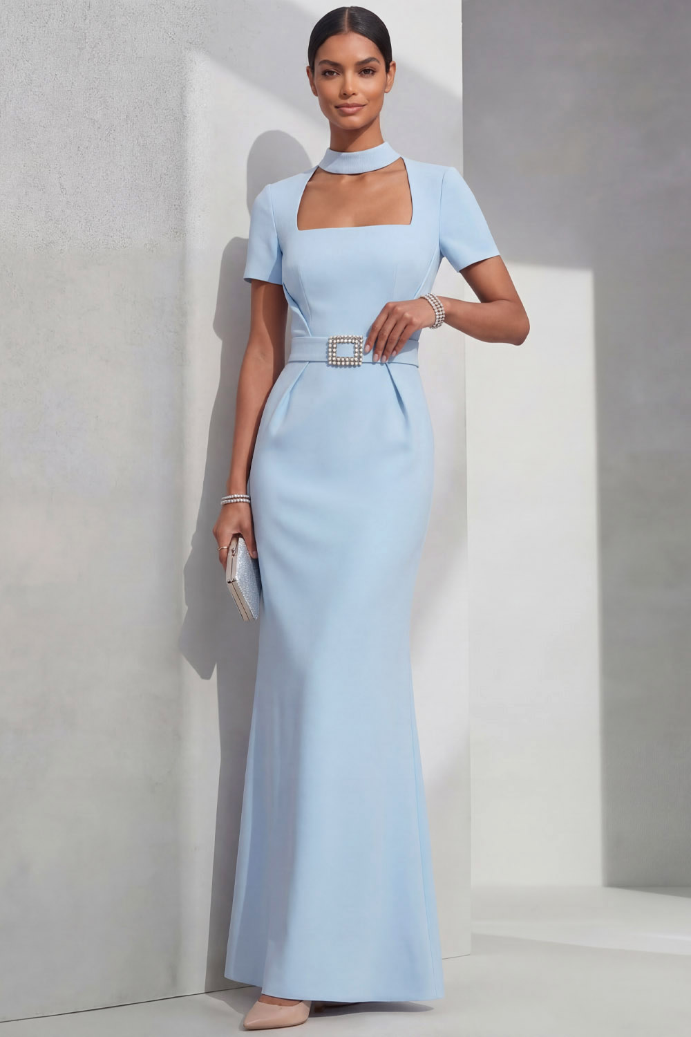 Sky Blue Formal Evening Dress Mermaid Square Neck Belted Maxi Dress 