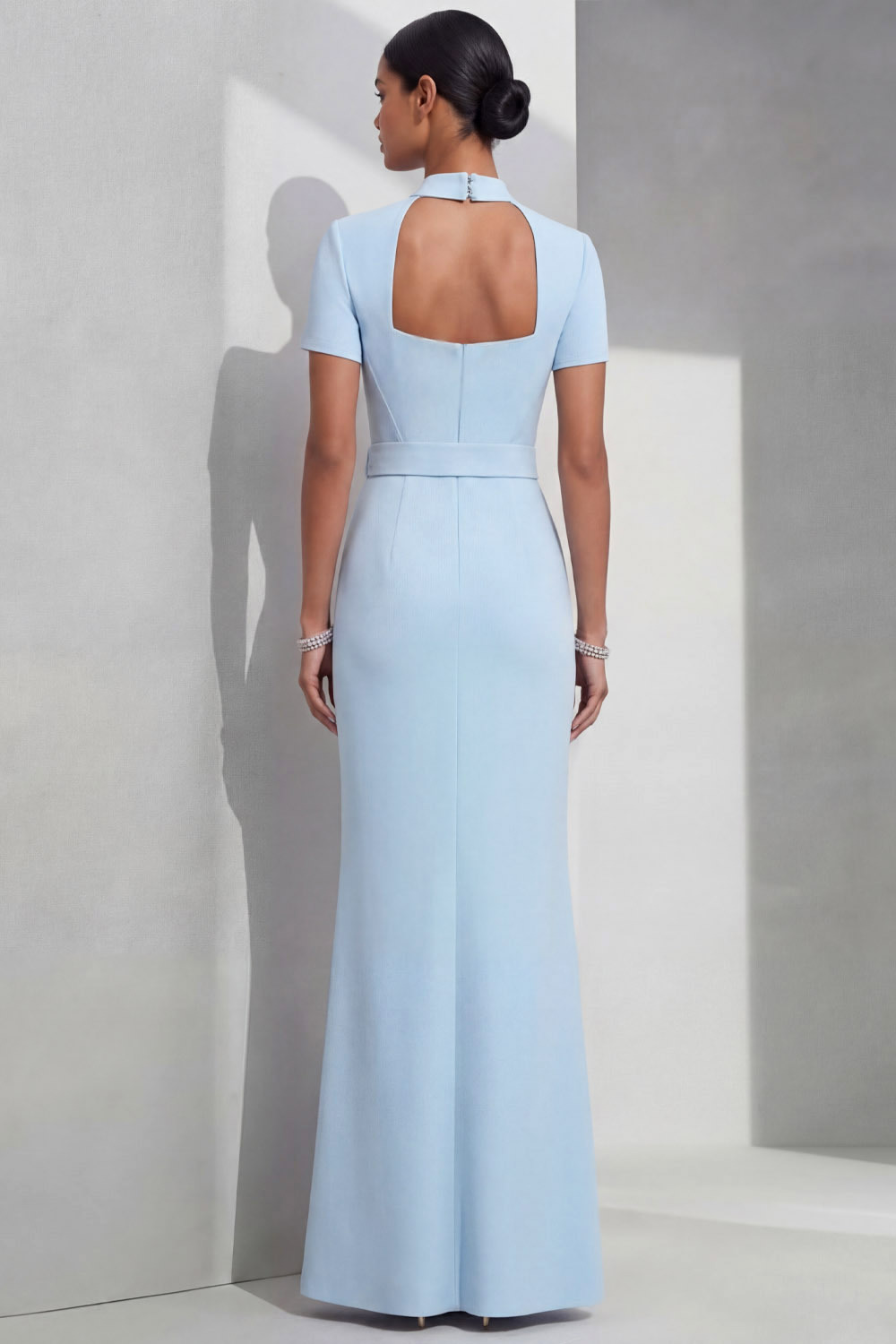 Sky Blue Formal Evening Dress Mermaid Square Neck Belted Maxi Dress 