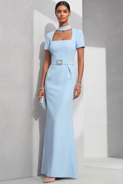 Sky Blue Formal Evening Dress Mermaid Square Neck Belted Maxi Dress 