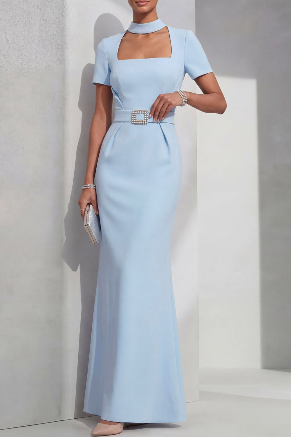 Sky Blue Formal Evening Dress Mermaid Square Neck Belted Maxi Dress 