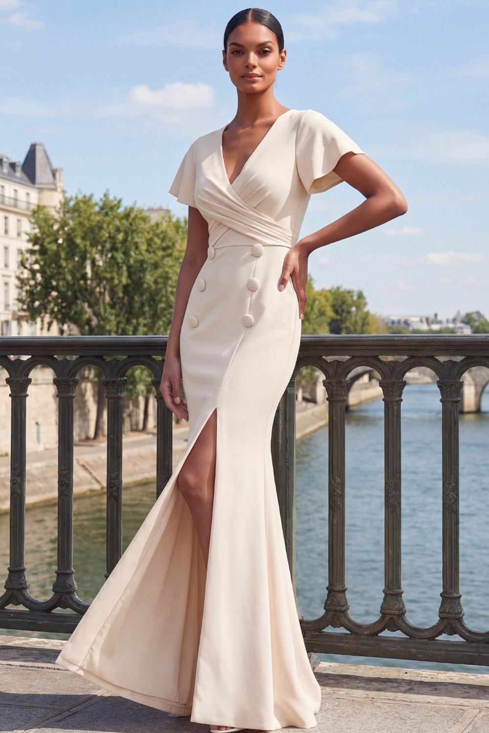 White Formal Evening Dress Mermaid V-Neck Maxi Dress with Slit