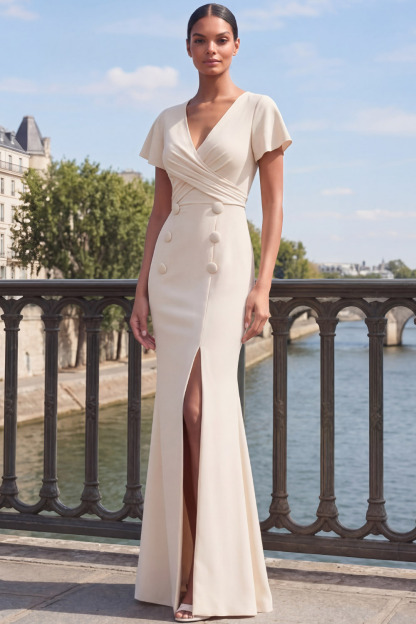 White Formal Evening Dress Mermaid V-Neck Maxi Dress with Slit