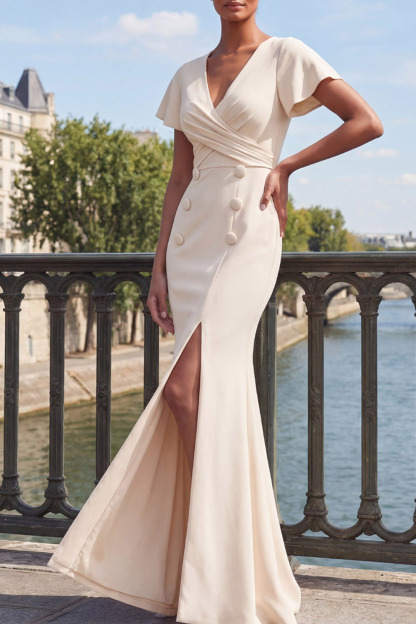 White Formal Evening Dress Mermaid V-Neck Maxi Dress with Slit