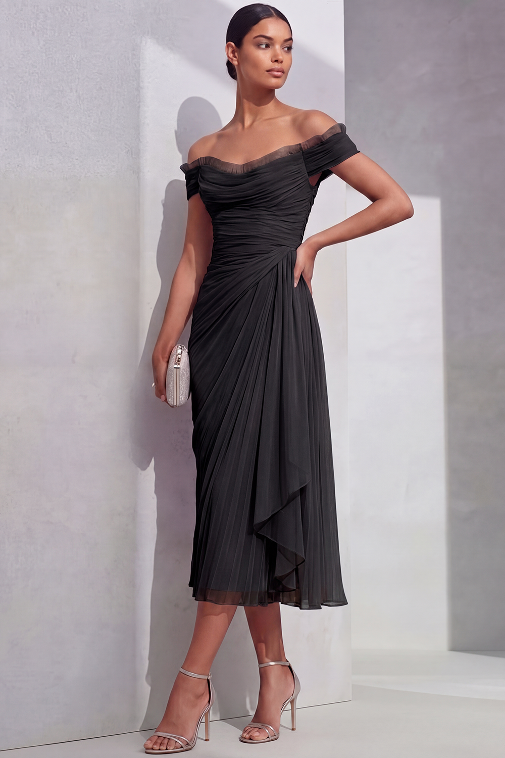 Lilac Formal Evening Dress Off the Shoulder Pleated Chiffon Midi Dress