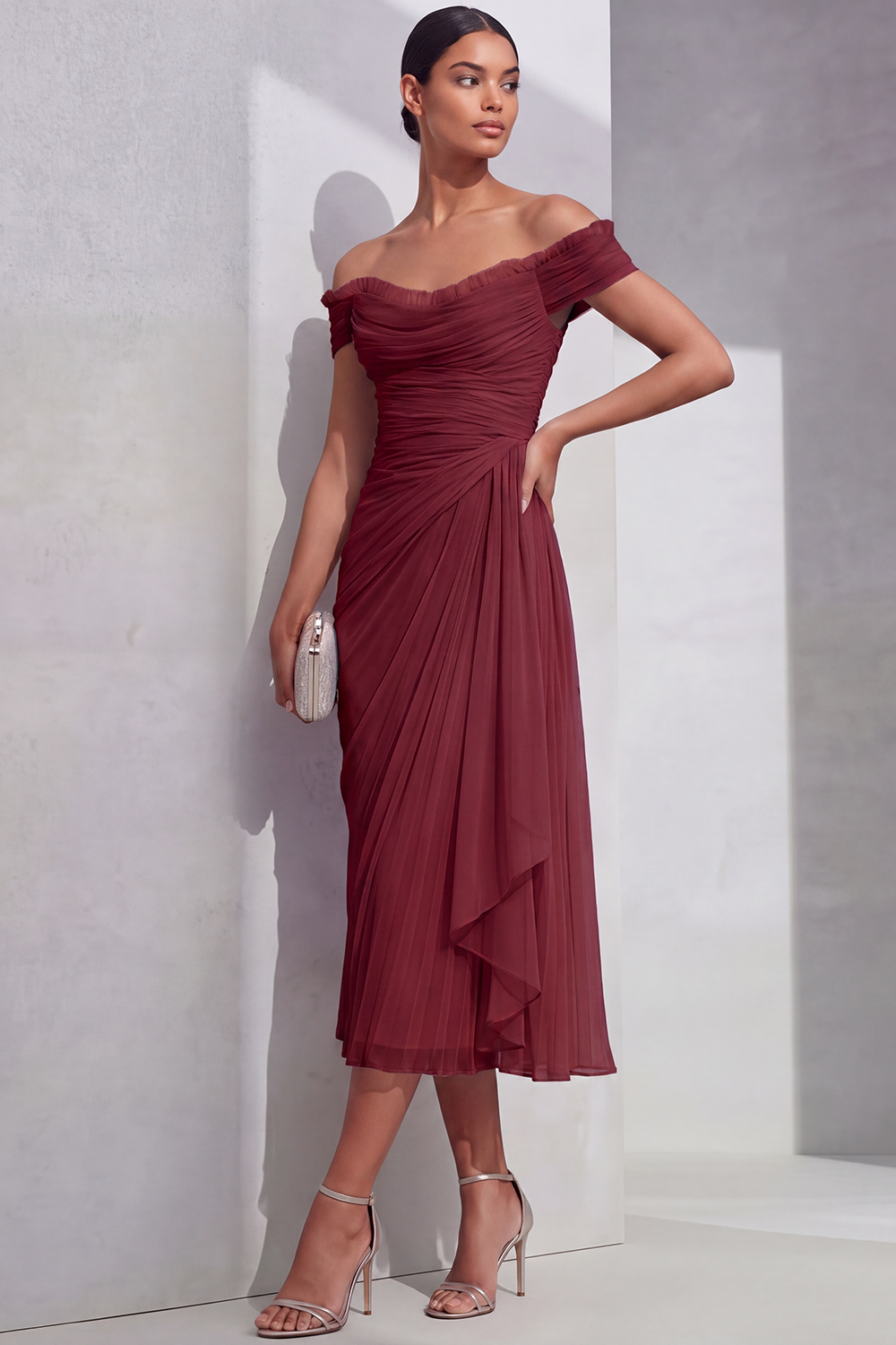 Lilac Formal Evening Dress Off the Shoulder Pleated Chiffon Midi Dress