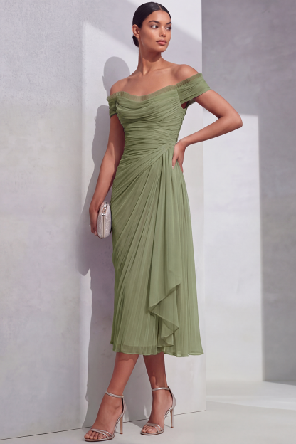 Lilac Formal Evening Dress Off the Shoulder Pleated Chiffon Midi Dress 