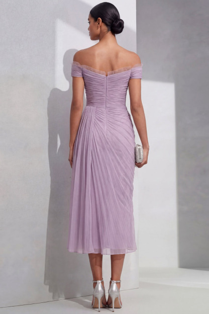 Lilac Formal Evening Dress Off the Shoulder Pleated Chiffon Midi Dress 