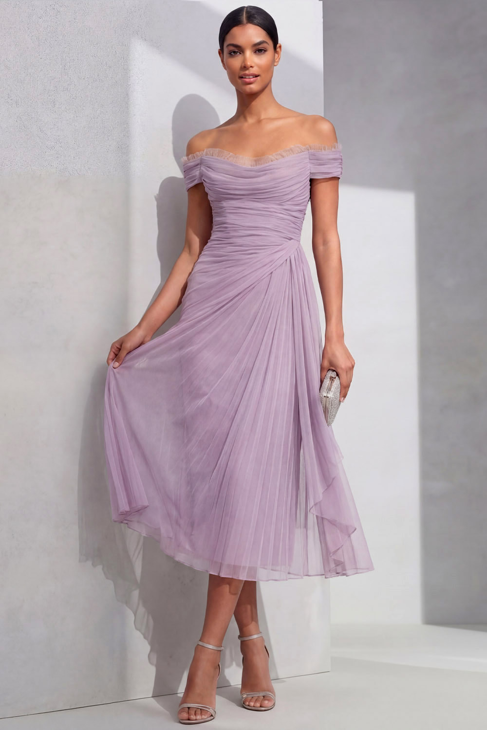 Lilac Formal Evening Dress Off the Shoulder Pleated Chiffon Midi Dress 